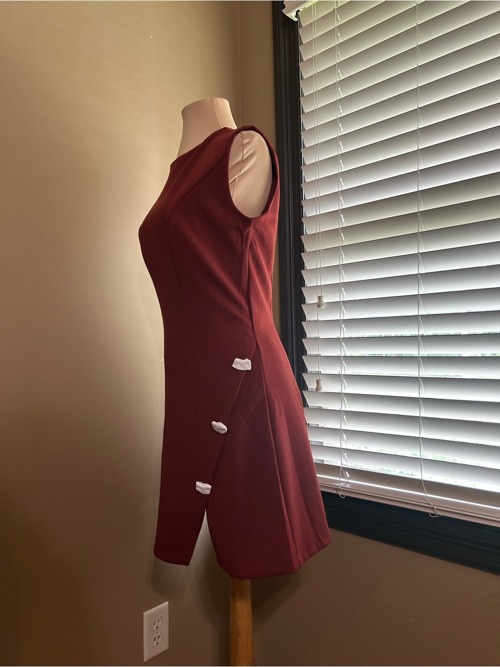 Express Sleeveless Burgundy Mini Dress with Side Bow Accent Buttons - Picture 3 of 9